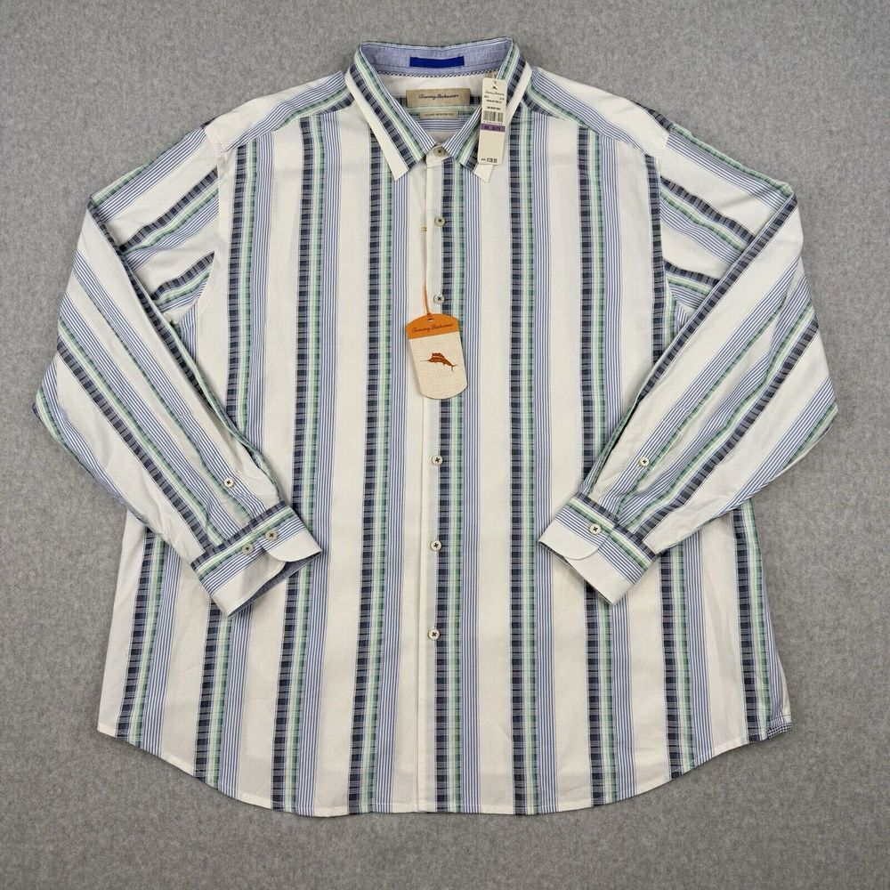 Tommy Bahama Shirt Mens 2XL White Striped Silk Blend Island Modern Fit Button Up